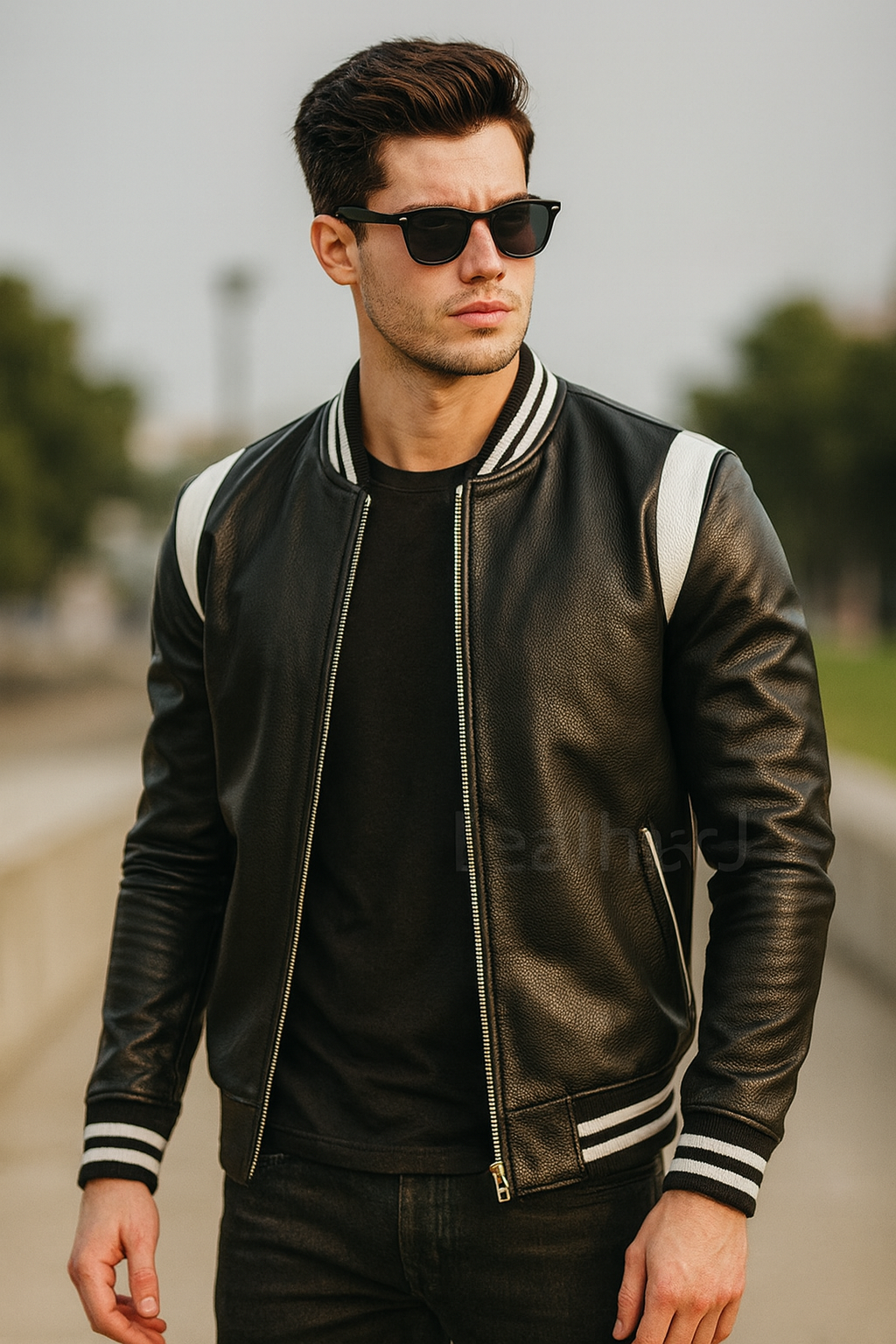 Men’s Black Leather Varsity Bomber Jacket with White Stripes – Real Leather