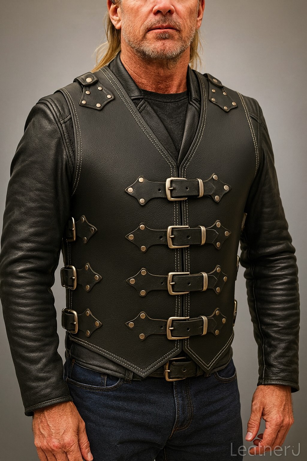 Men’s Black Leather Warrior Vest with Buckle Straps & Rivet Detailing – Heavy Duty Biker Style