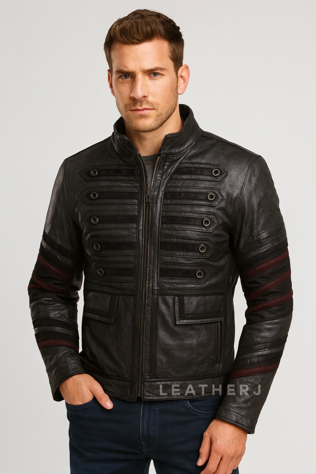 Men’s Black Military-Style Leather Jacket with Red Sleeve Accents – Vintage Band Jacket