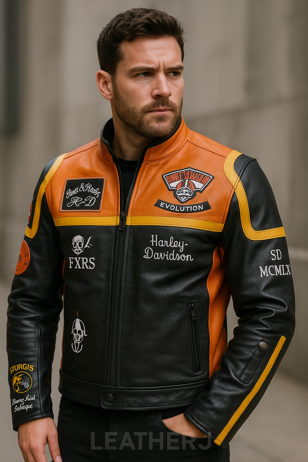 Men’s Black Orange Yellow Harley-Style Leather Jacket – Biker Racing Fit