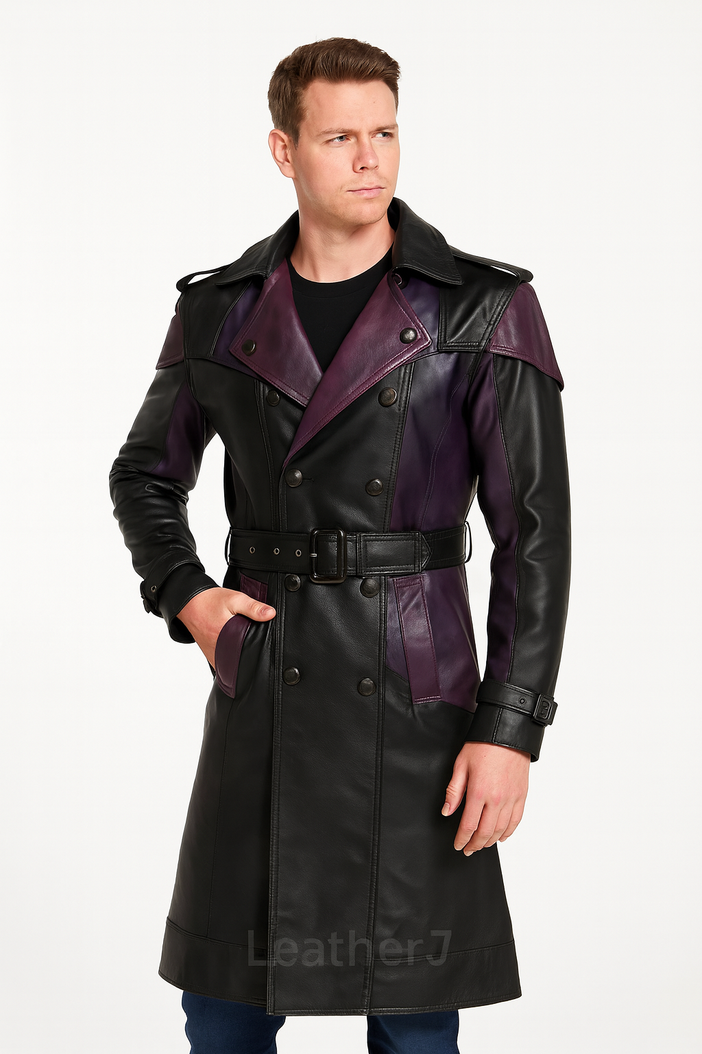Men’s Black & Purple Leather Trench Coat – Long Double-Breasted Gothic Biker Jacket
