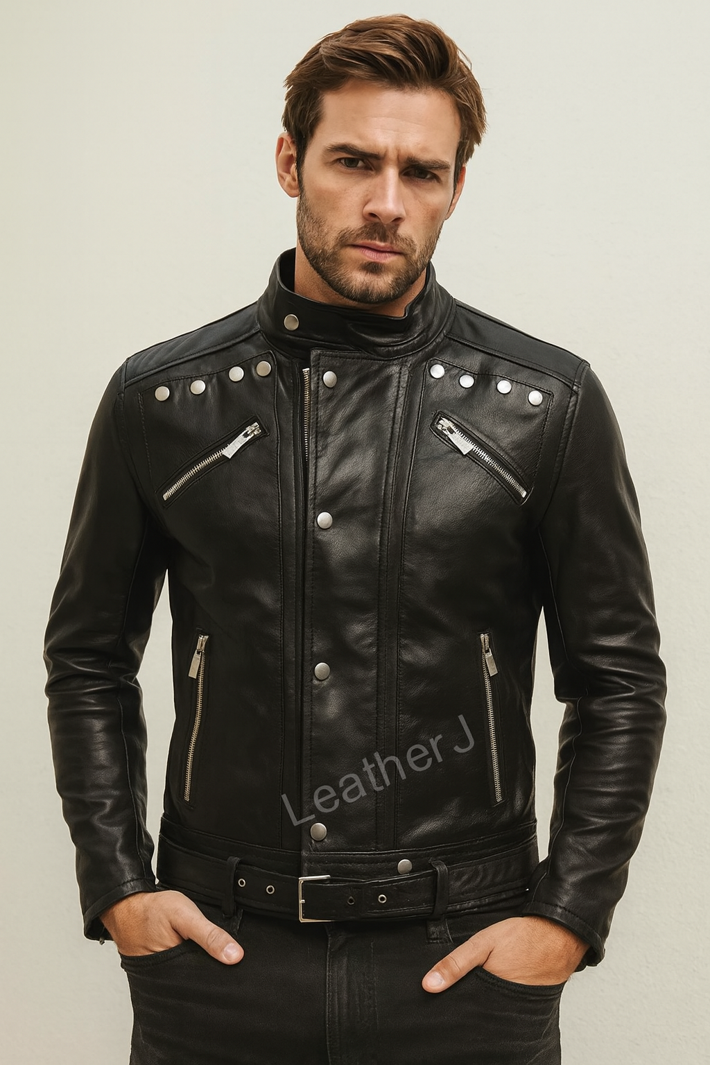 Men’s Black Real Leather Biker Jacket with Studs & Zipper Detailing