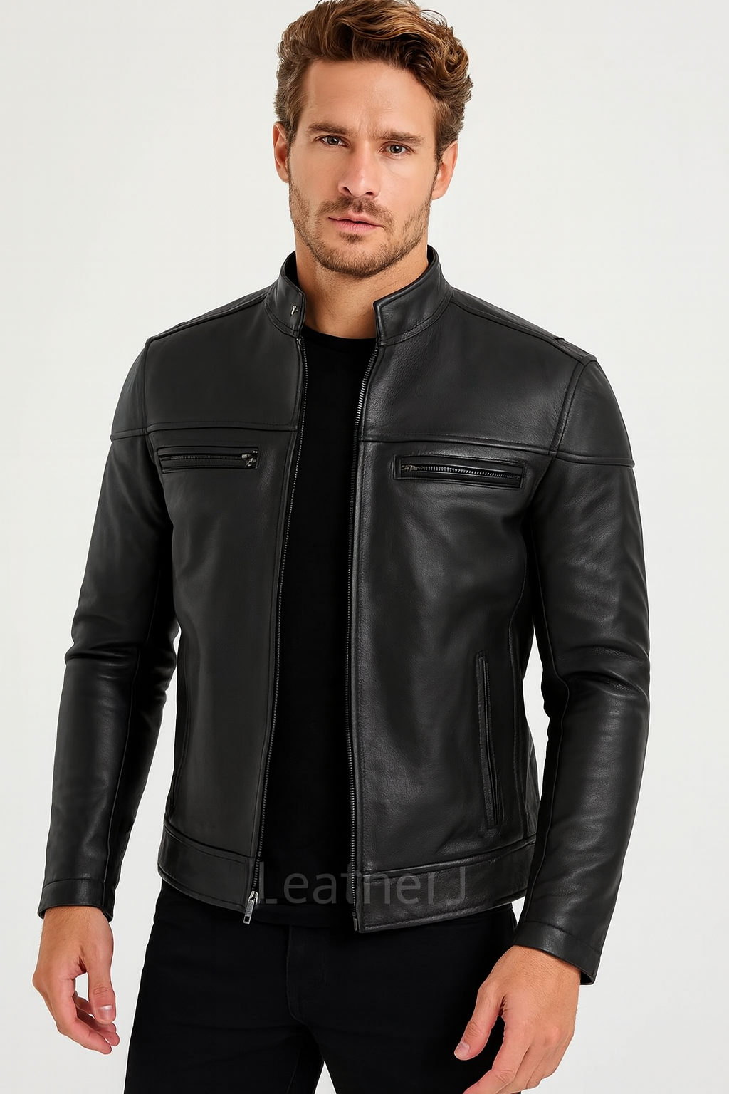Men's Black Real Leather Biker Jacket – Classic Slim Fit Motorcycle Style with Zip Closure