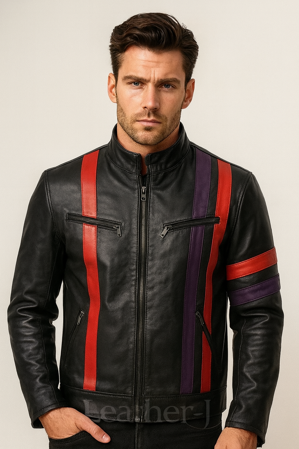 Men’s Black Real Leather Biker Jacket – Red & Purple Stripe Design with Zipper Pockets