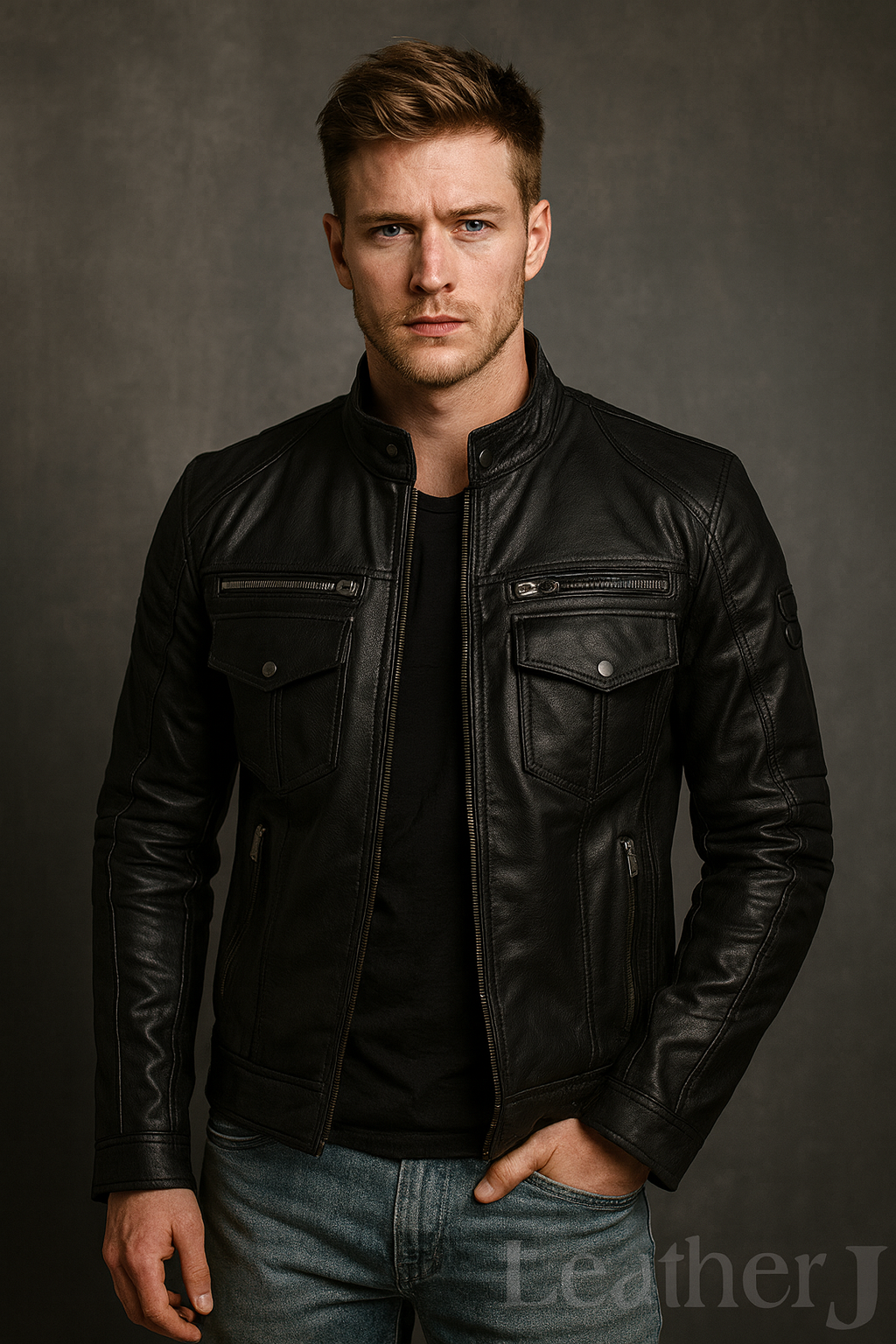 Men’s Black Real Leather Biker Jacket – Slim Fit Motorcycle Style with Multiple Pockets
