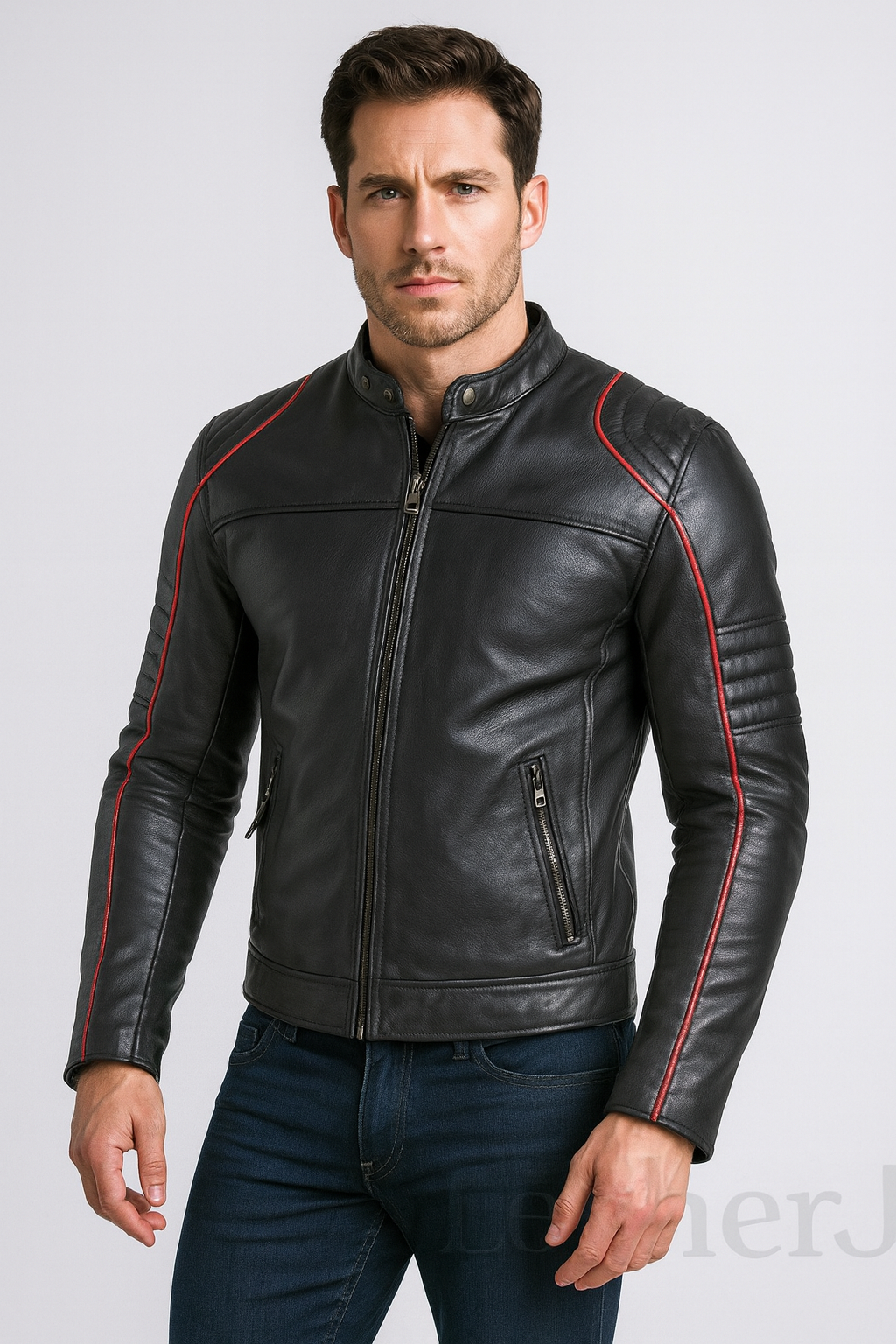 Men’s Black Real Leather Jacket with Red Stripes – Biker Style Slim Fit