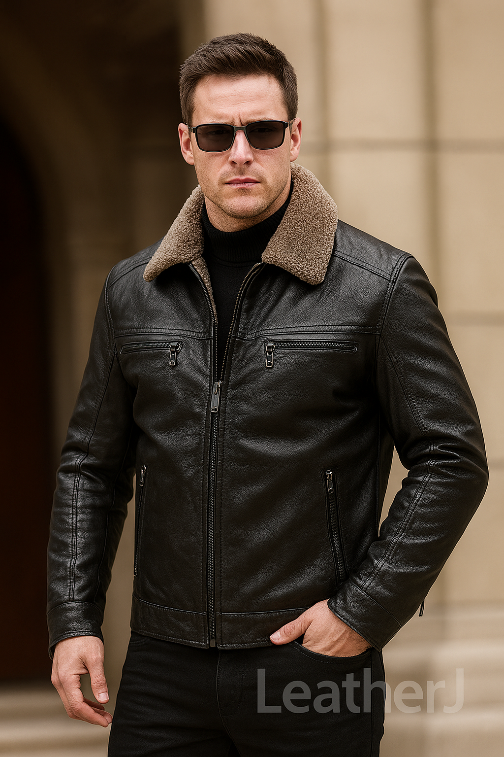 Men’s Black Real Leather Jacket with Shearling Collar – Classic Fit