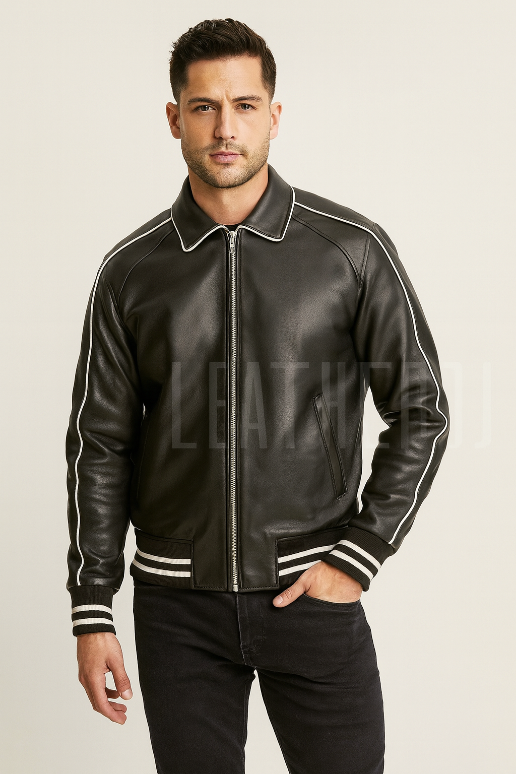 Men’s Black Real Leather Varsity Jacket – Bomber Style with White Stripes & Ribbed Hem