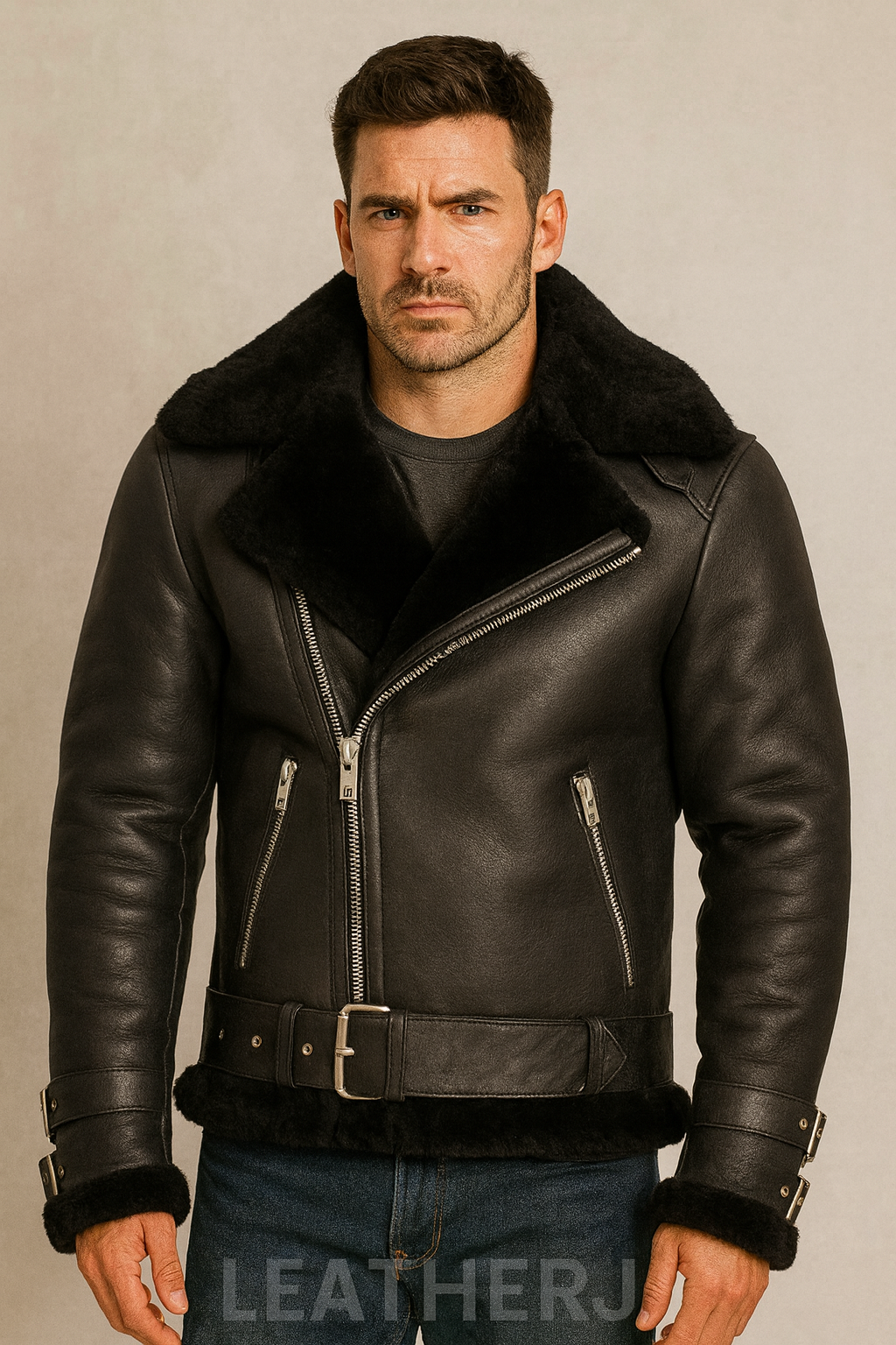 Men’s Black Shearling-Lined Leather Biker Jacket – Winter Motorcycle Style