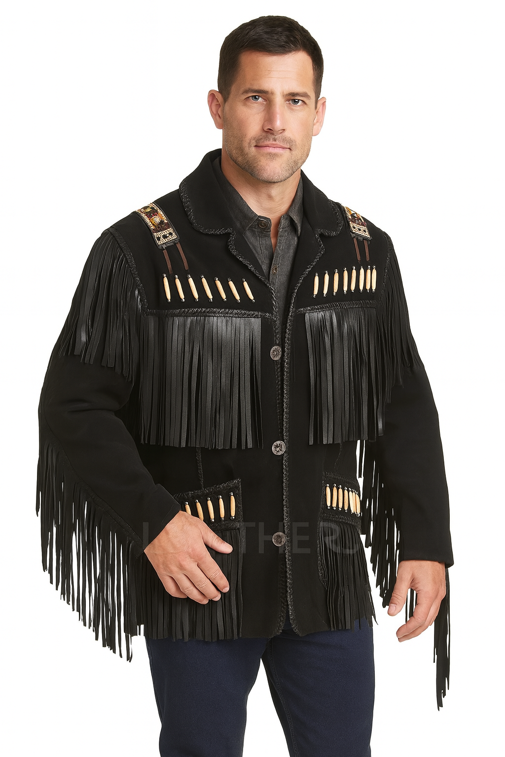 Men’s Black Suede Fringe Western Jacket – Native Bone & Beaded Leather Coat