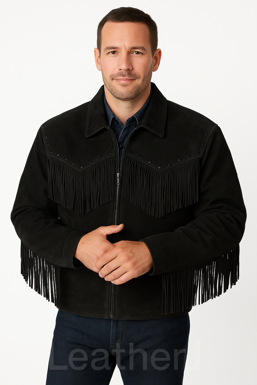 Men’s Black Suede Western Fringe Jacket – Cowboy Style