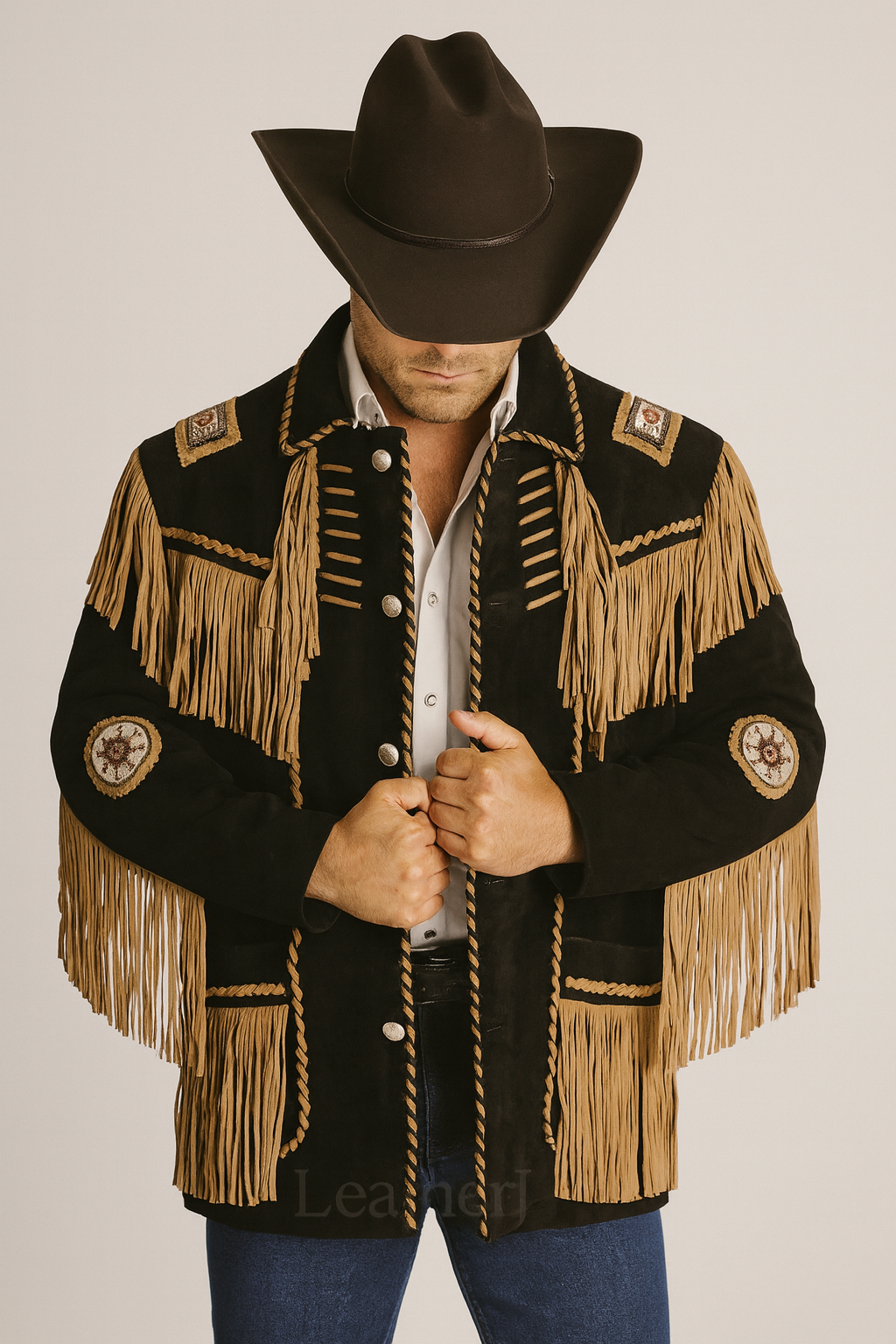 Men’s Black Western Fringe Suede Leather Jacket