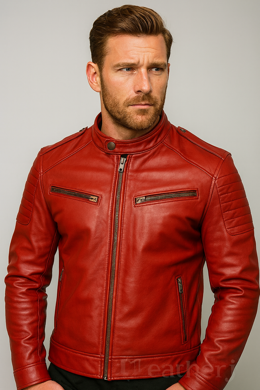 Men’s Black and Maroon Real Leather Biker Jacket – Quilted Shoulder Design with Zipper Pockets