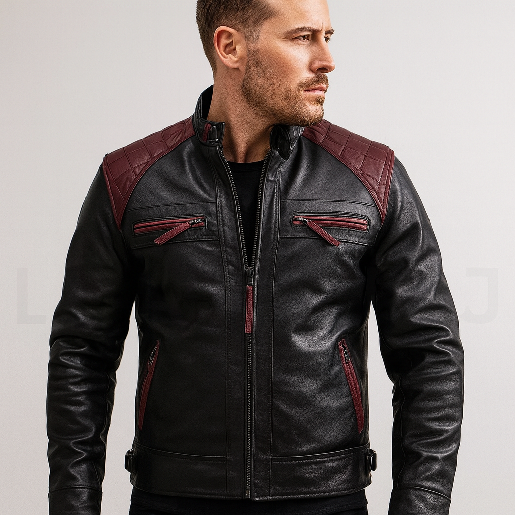 Men’s Black and Maroon Real Leather Biker Jacket – Quilted Shoulder Design with Zipper Pockets