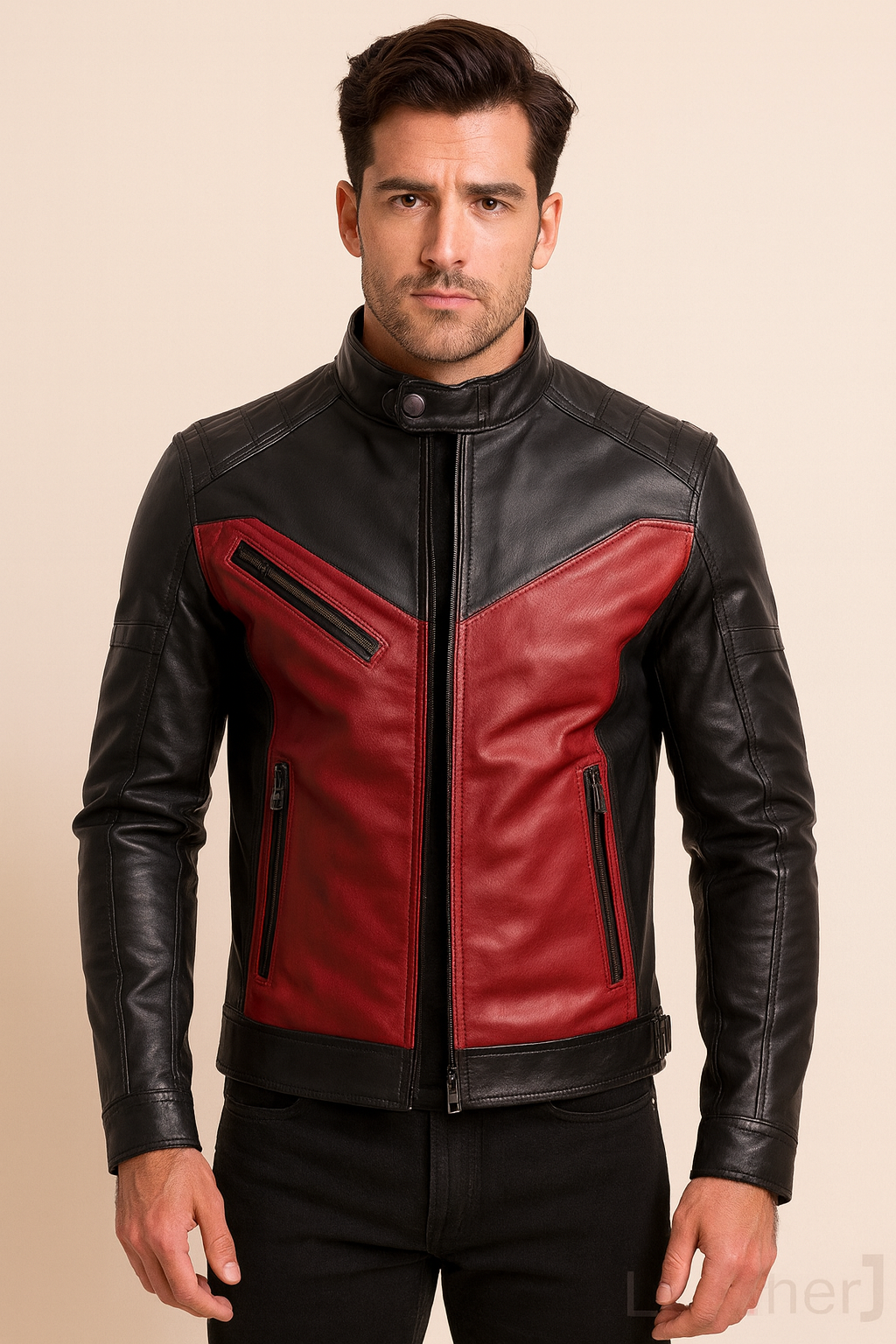 Men’s Black and Red Genuine Leather Biker Jacket – Slim Fit Motorcycle Style