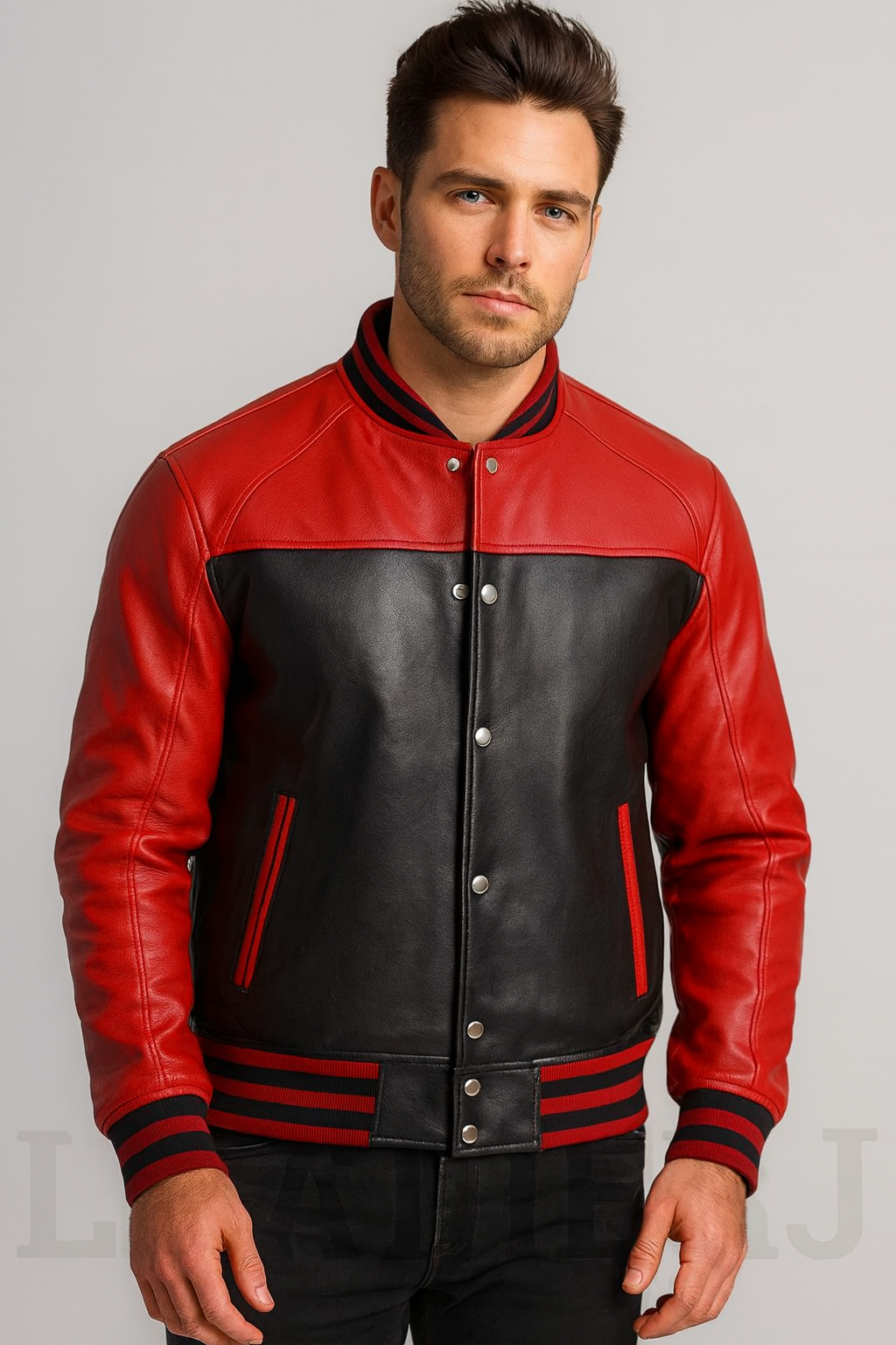 Men’s Black and Red Real Leather Varsity Jacket – Two-Tone Bomber Style with Snap Button Closure