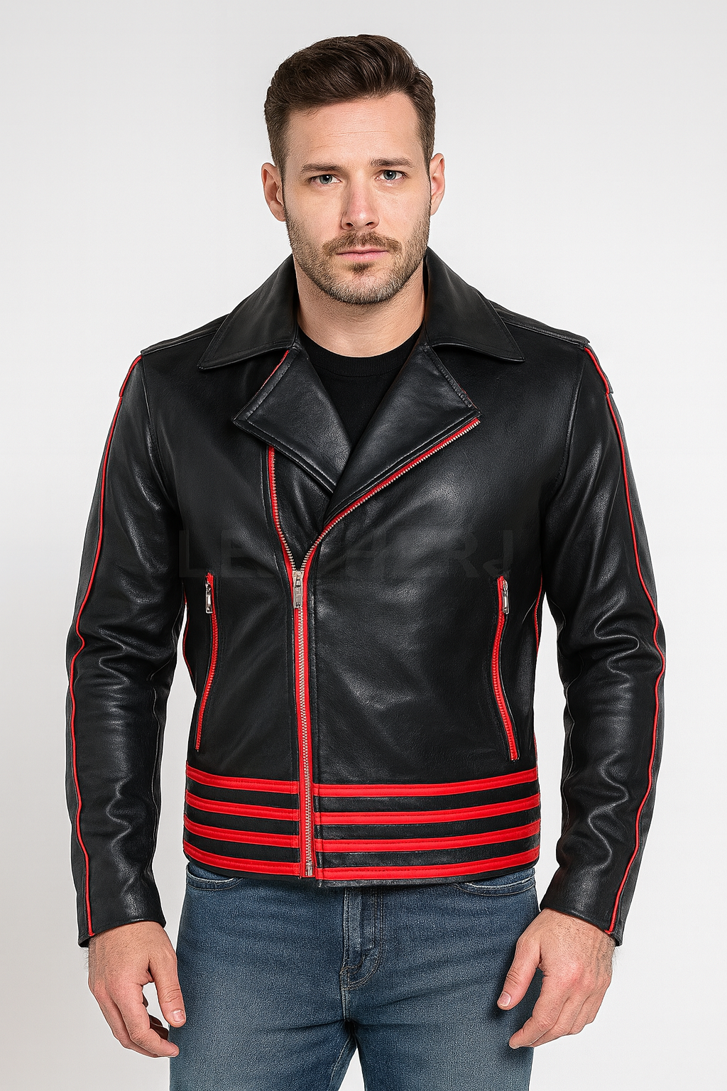 Men’s Black and Red Striped Real Leather Jacket – Retro Biker Style
