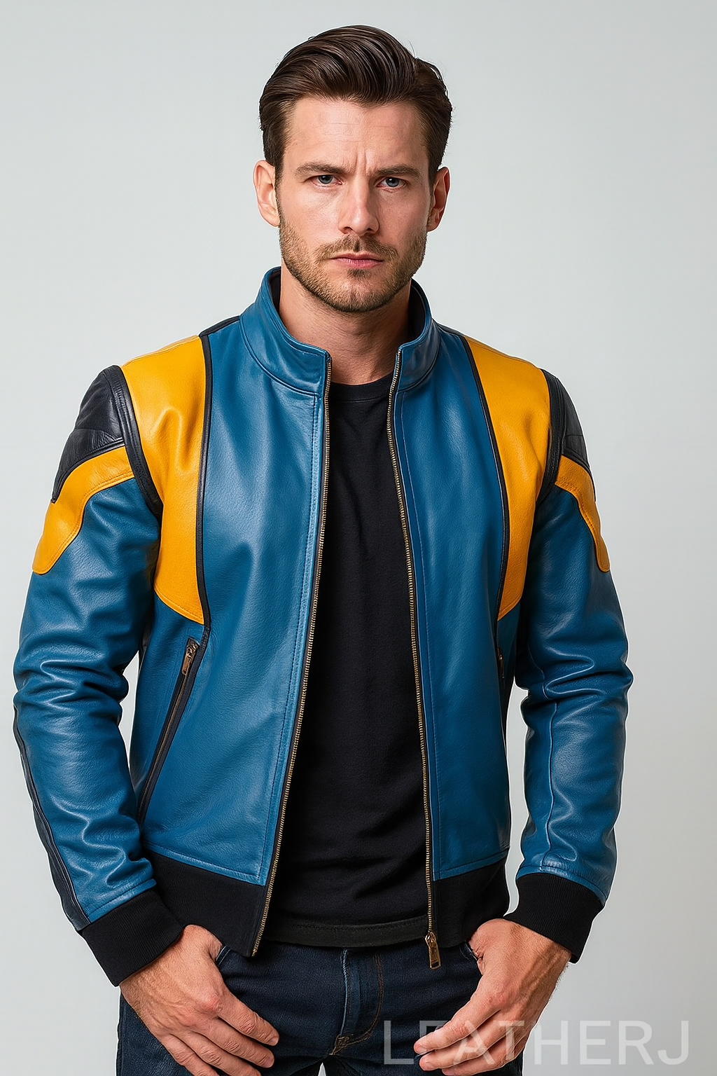 Men’s Blue and Yellow Real Leather Jacket – Biker Style with Bold Contrast Panels