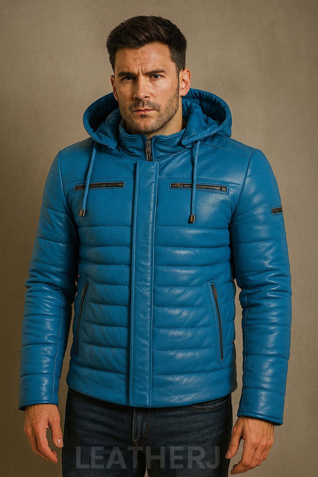 Men’s Bright Blue Hooded Quilted Leather Puffer Jacket – Genuine Winter Outerwear