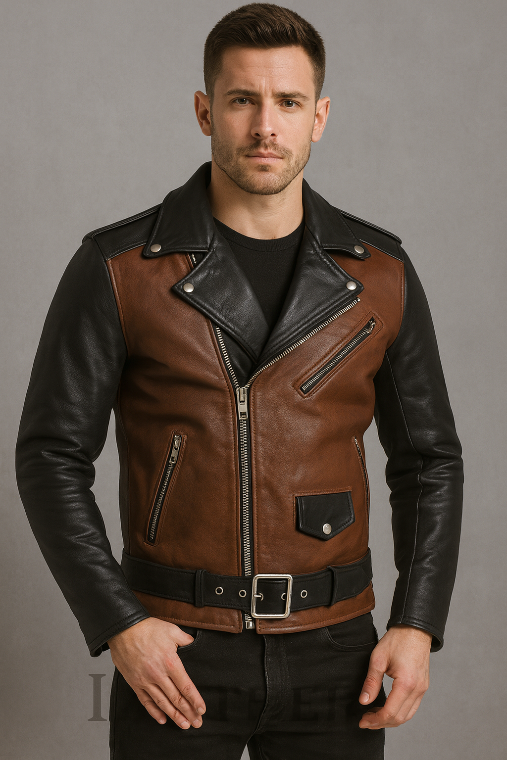 Men’s Brown & Black Real Leather Biker Jacket – Asymmetrical Zip Motorcycle Style with Belt