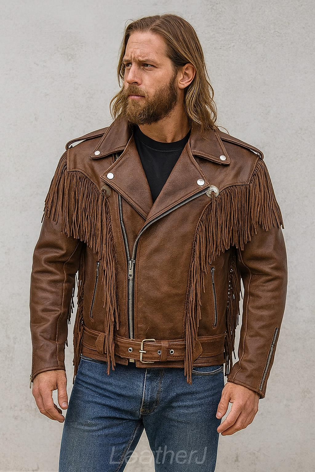 Men’s Brown Fringe Leather Biker Jacket – Western Style Motorcycle Jacket with Tassels