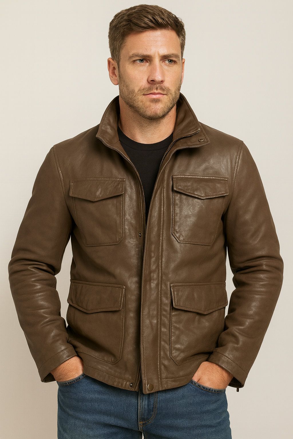 Men’s Brown Leather Field Jacket – 4 Pocket Real Leather Military Style