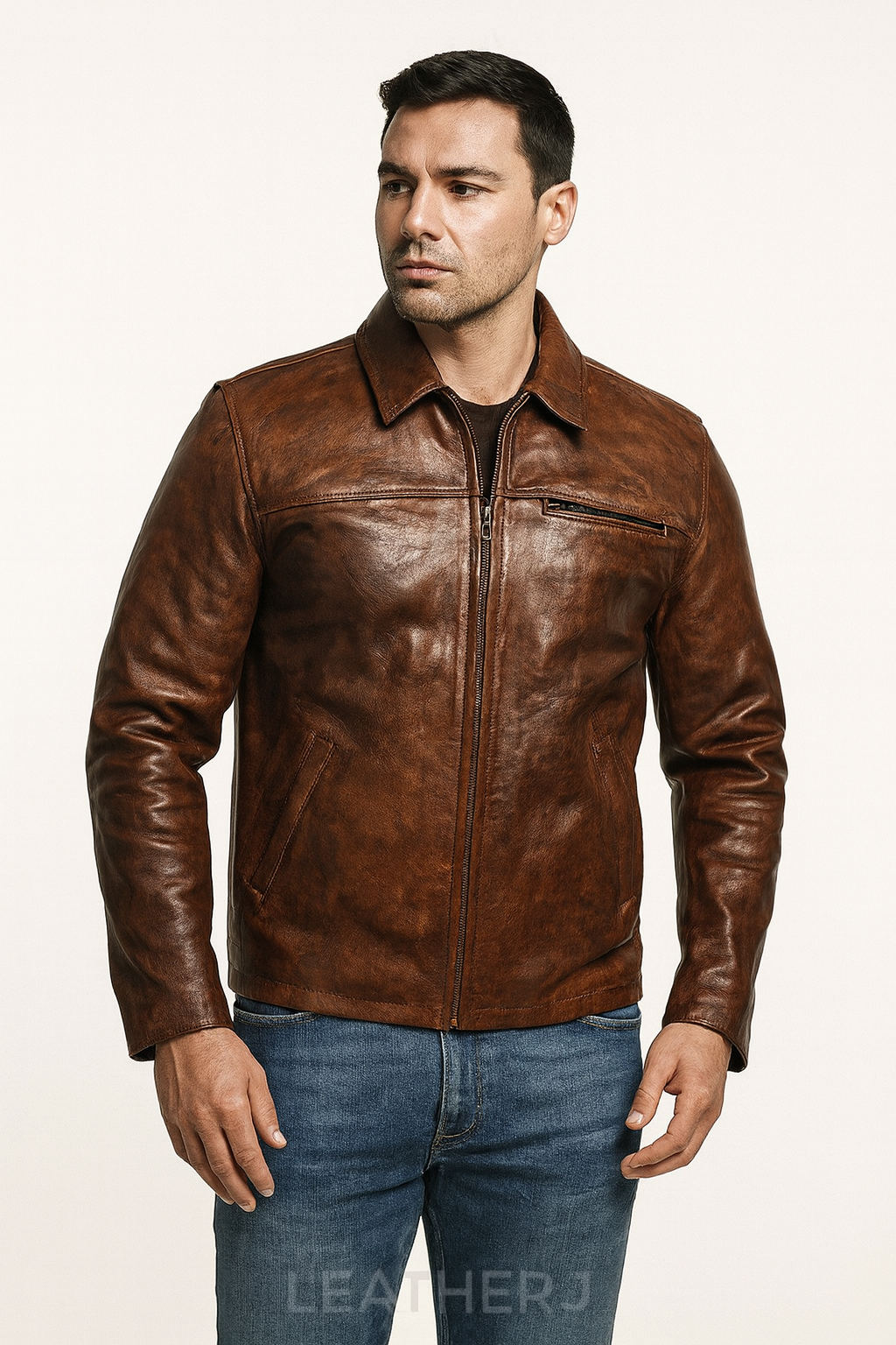 Men’s Brown Leather Jacket – Classic Zip-Up Café Racer Style