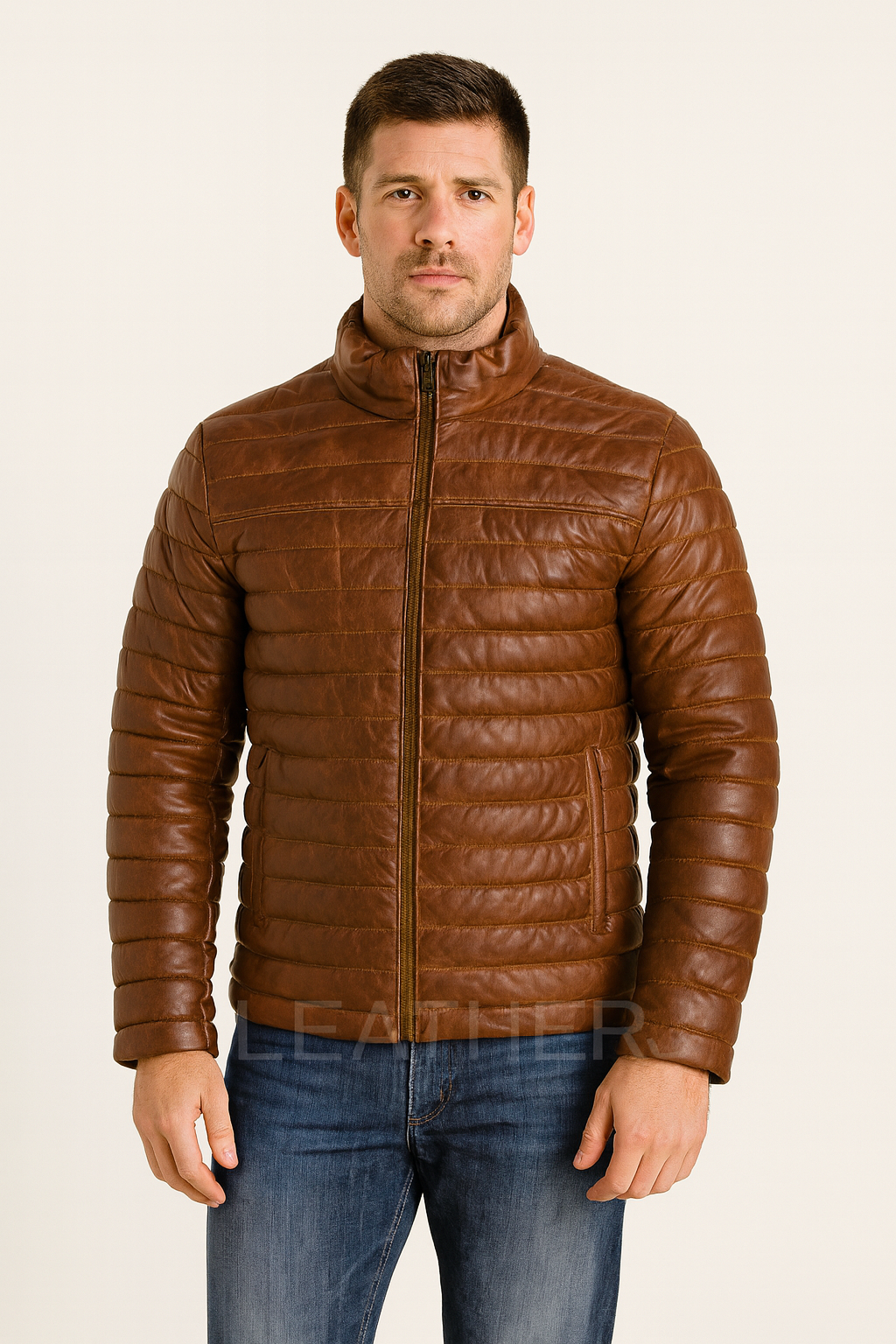 Men’s Brown Leather Puffer Jacket – Quilted Slim Fit Winter Outerwear