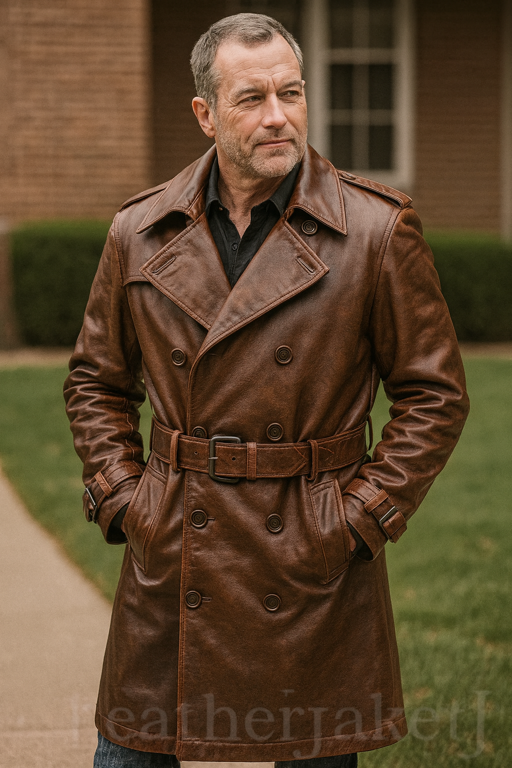 Men’s Brown Leather Trench Coat – Classic Double-Breasted Belted Overcoat