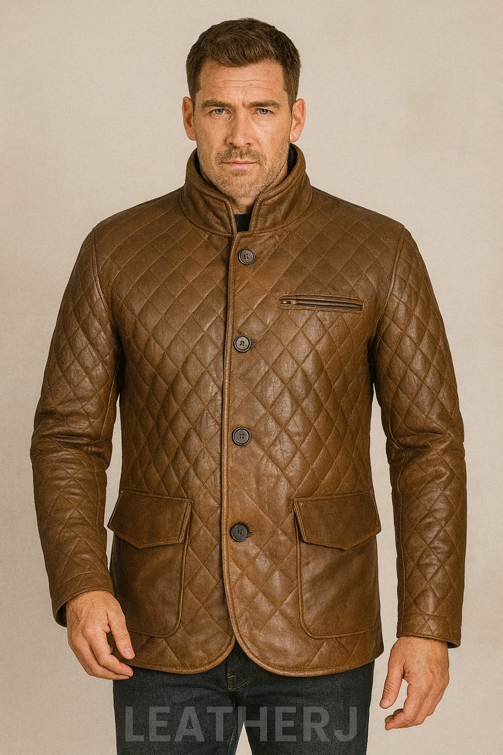 Men’s Brown Quilted Leather Jacket – Diamond Stitch Vintage Style