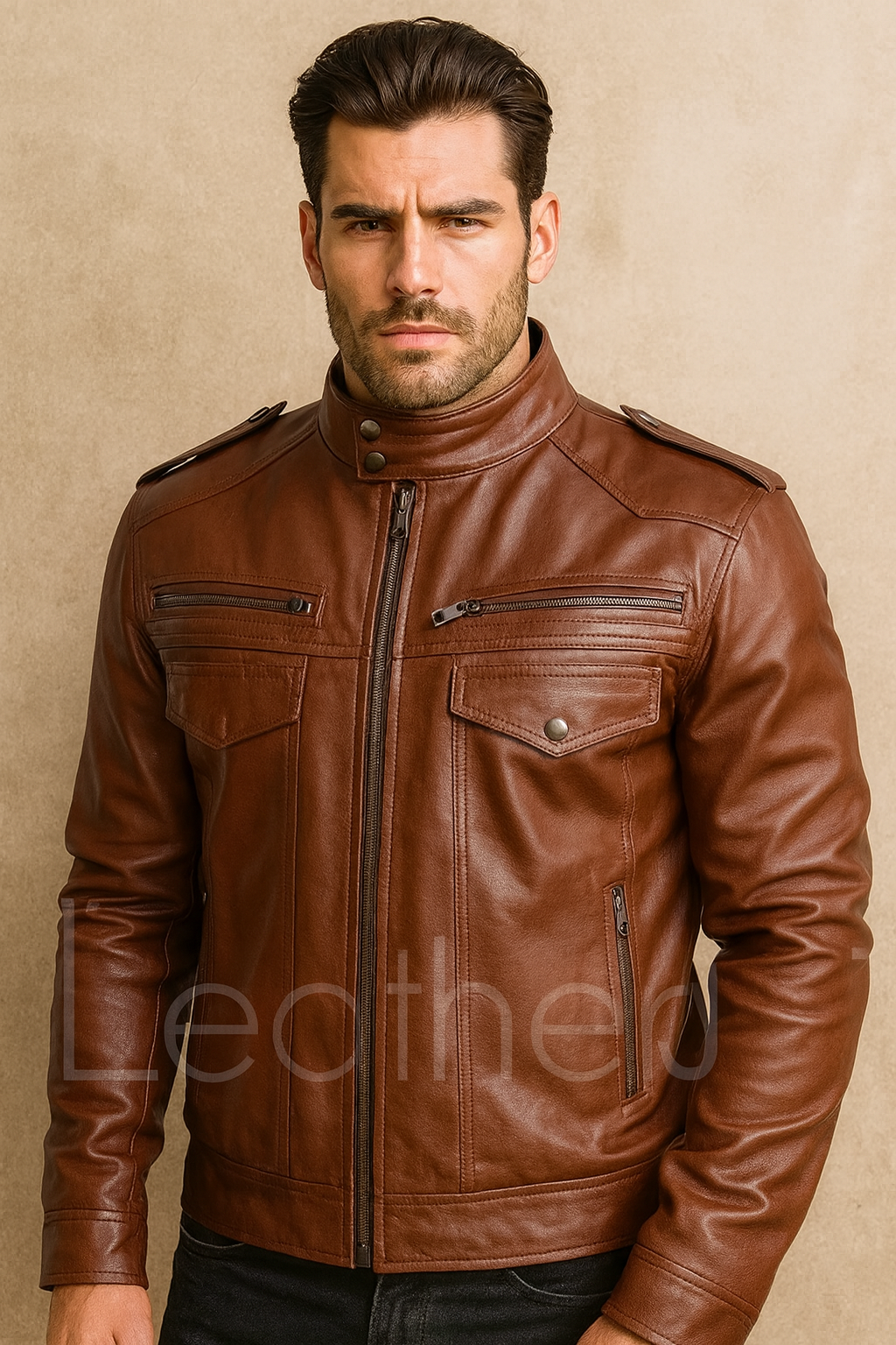 Men’s Brown Real Leather Biker Jacket – Slim Fit Motorcycle Style with Epaulets & Zipper Pockets