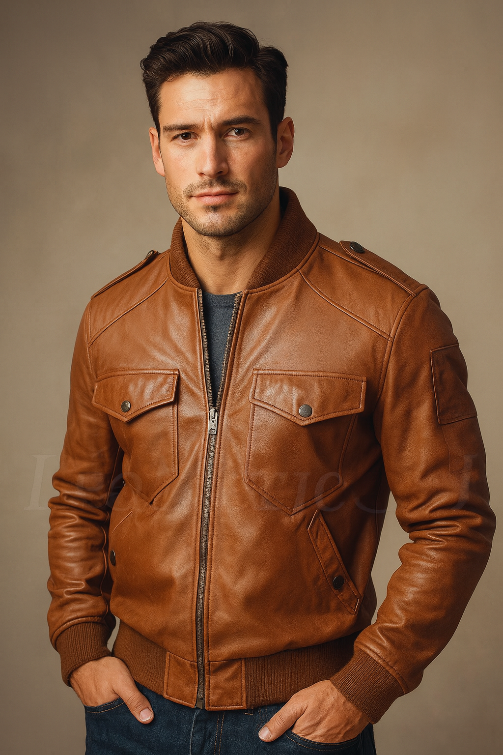 Men’s Brown Real Leather Bomber Jacket – Classic Flight Style with Ribbed Hem & Cuffs