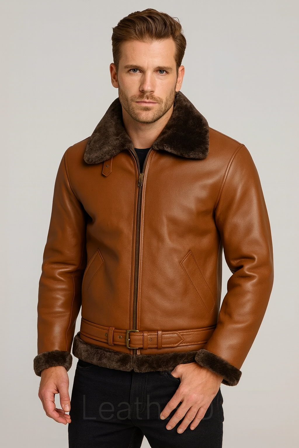 Men’s Brown Shearling Leather Jacket – Classic Aviator Style with Fur Collar & Belted Waist