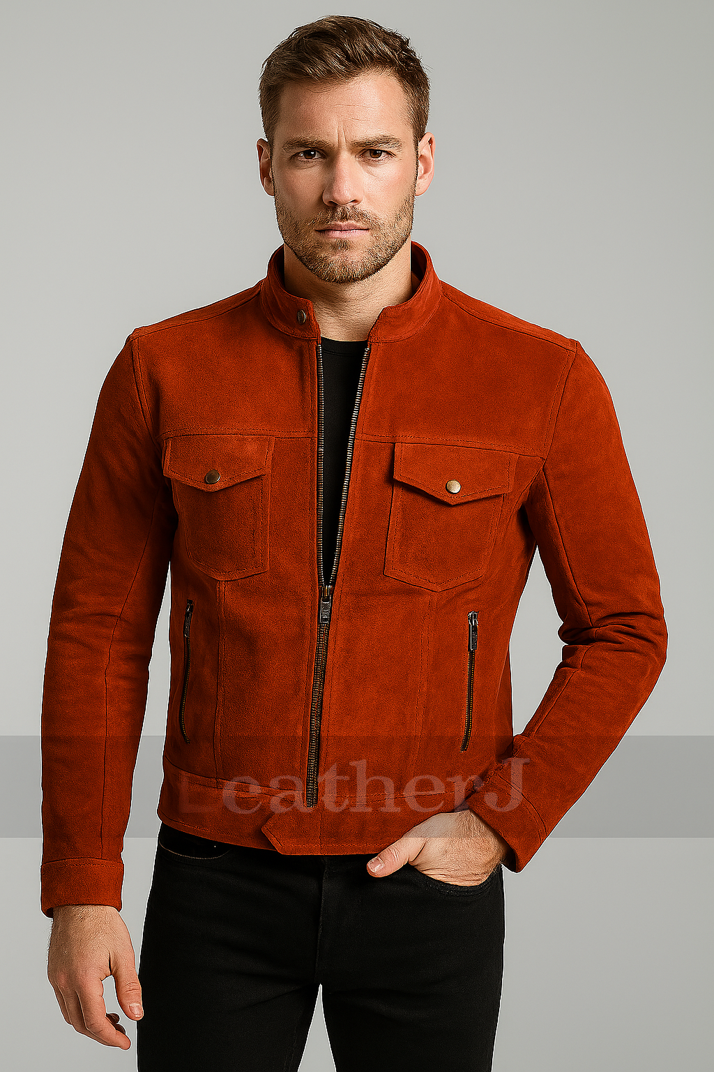 Men’s Burnt Orange Real Leather Biker Jacket – Slim Fit