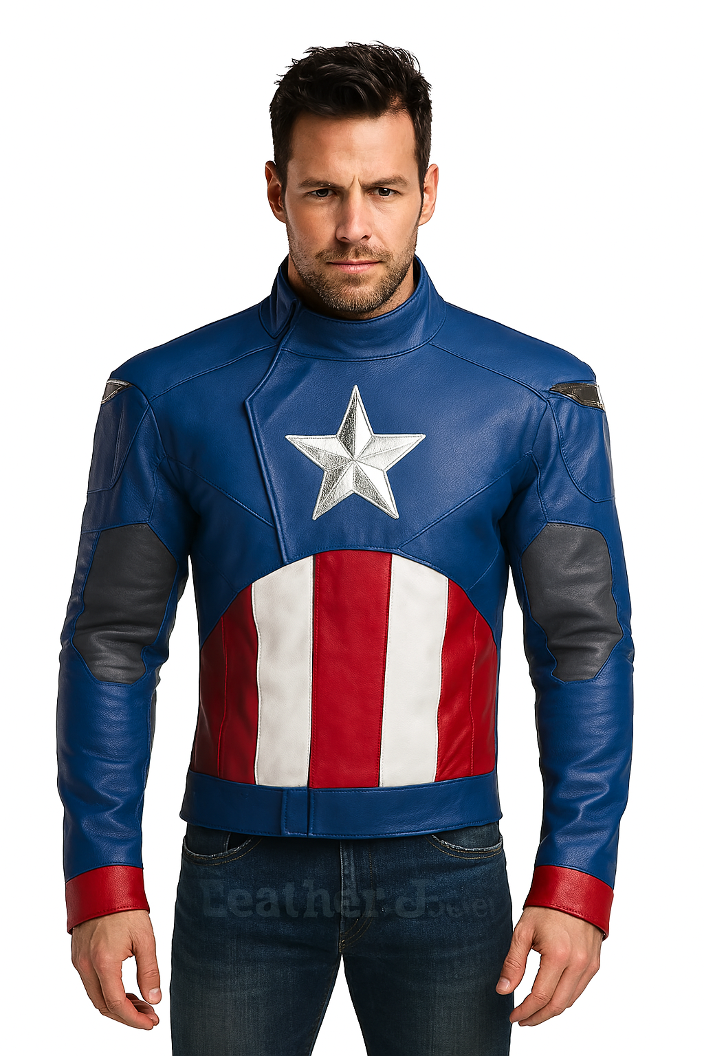 Men’s Captain America Inspired Real Leather Jacket – Blue, Red & White | Superhero Costume Outerwear