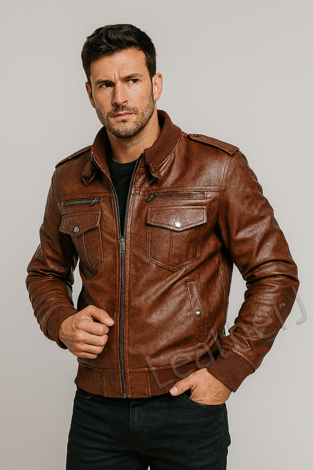 Men’s Chestnut Brown Real Leather Bomber Jacket – Military-Inspired Casual Outerwear