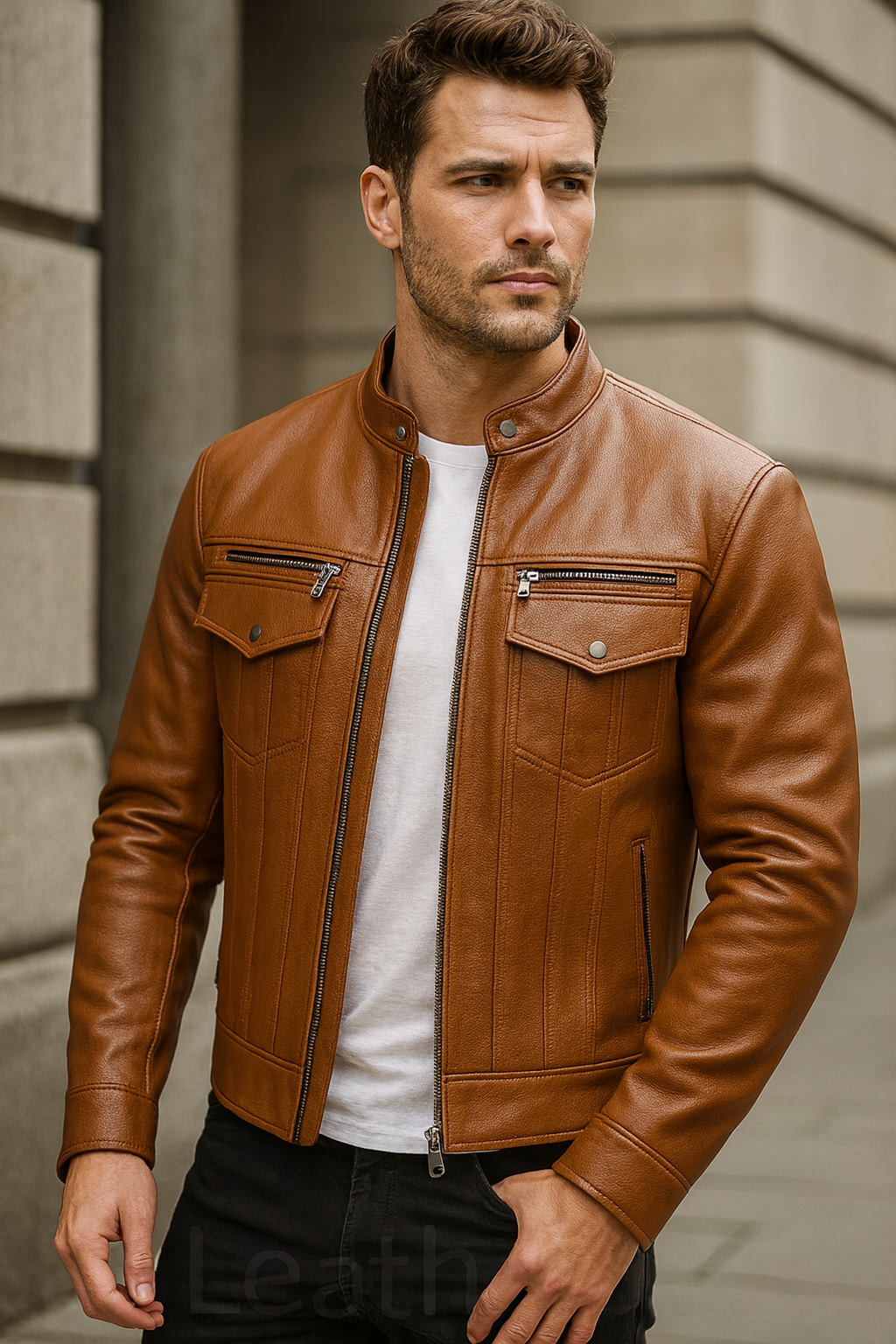 Men’s Cognac Brown Real Leather Jacket – Classic Stand Collar Biker Style