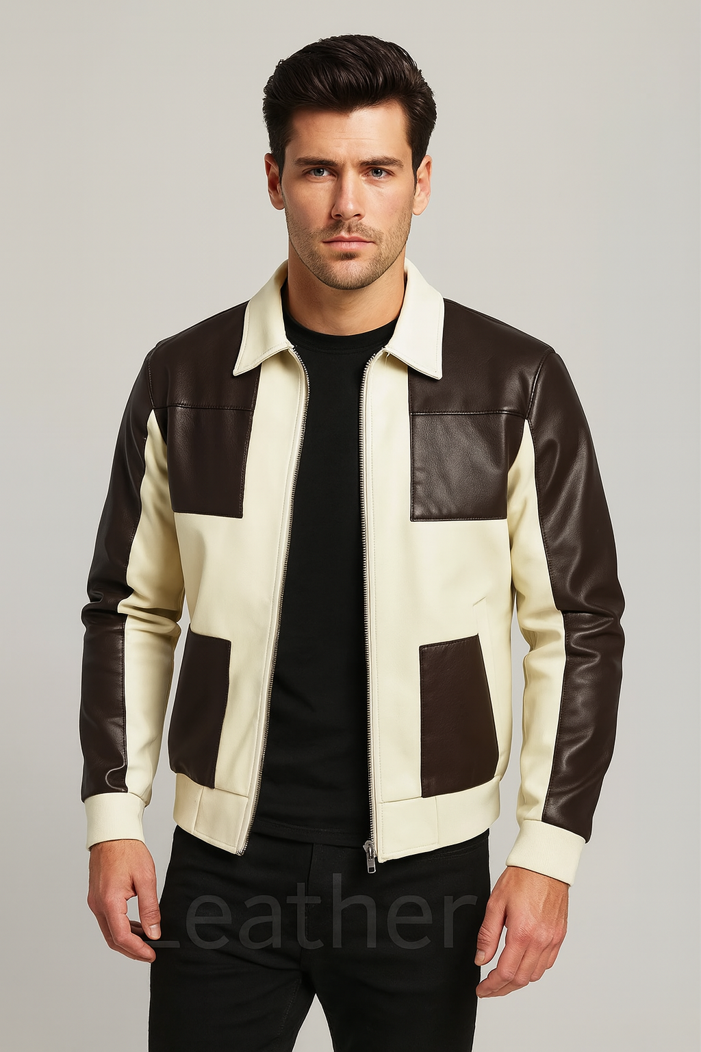 Men’s Two-Tone Leather Jacket – Cream and Dark Brown Patchwork Bomber Style