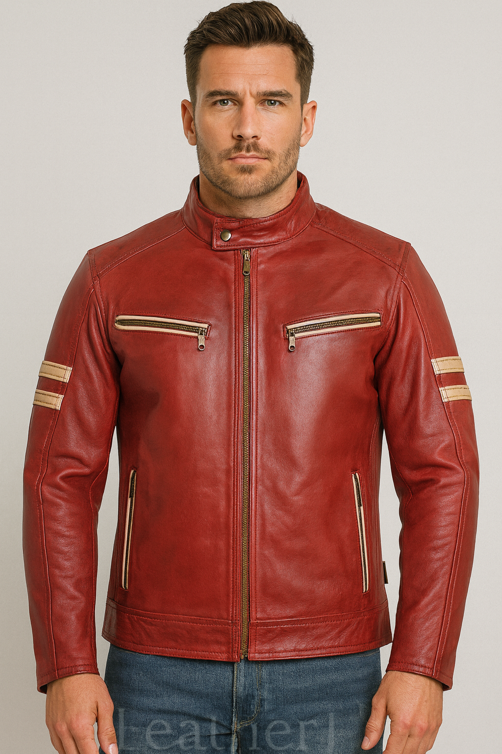 Men’s Crimson Red Real Leather Biker Jacket – Slim Fit Retro Motorcycle Style