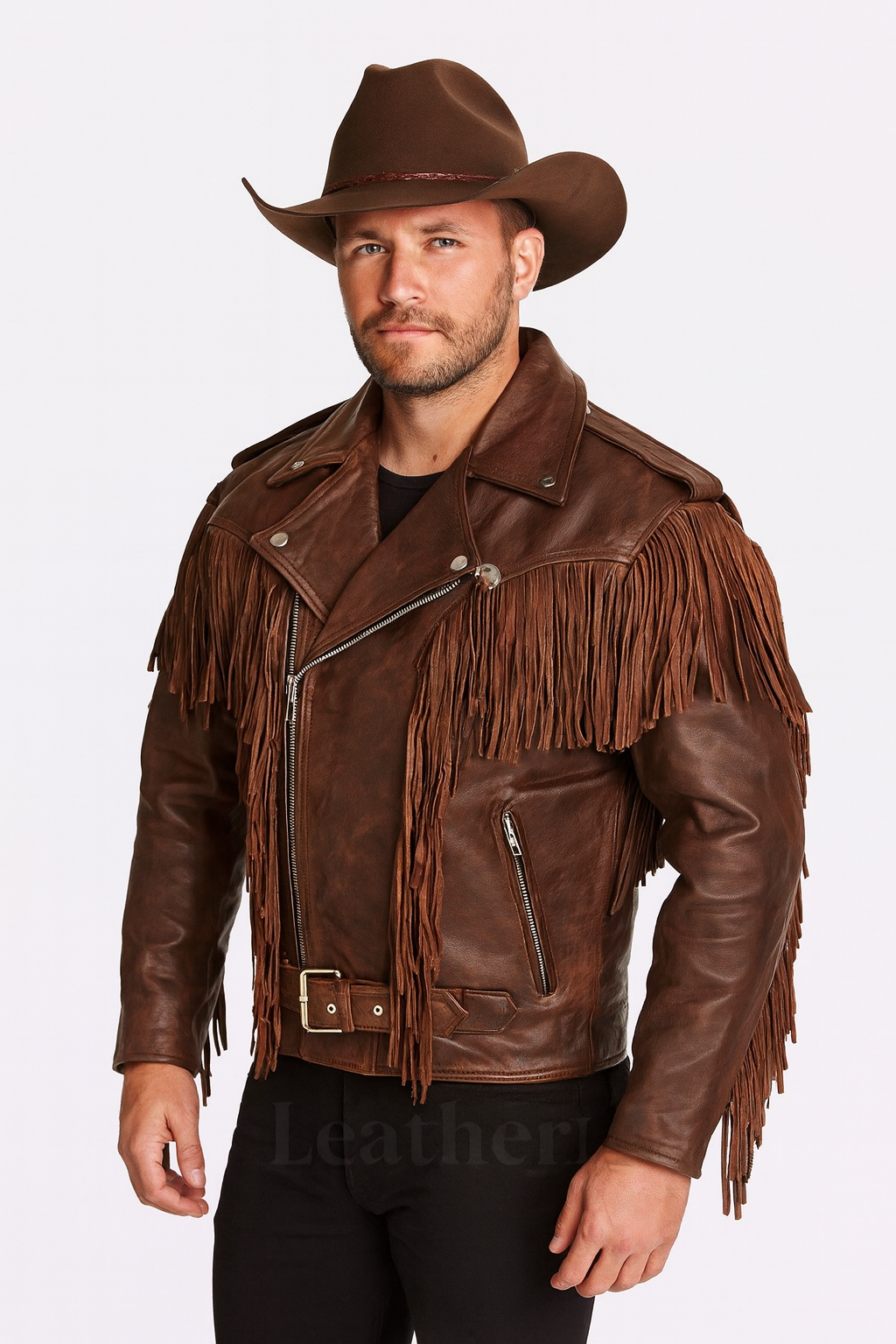 Men’s Dark Brown Fringe Leather Biker Jacket – Western Style with Belt & Silver Hardware