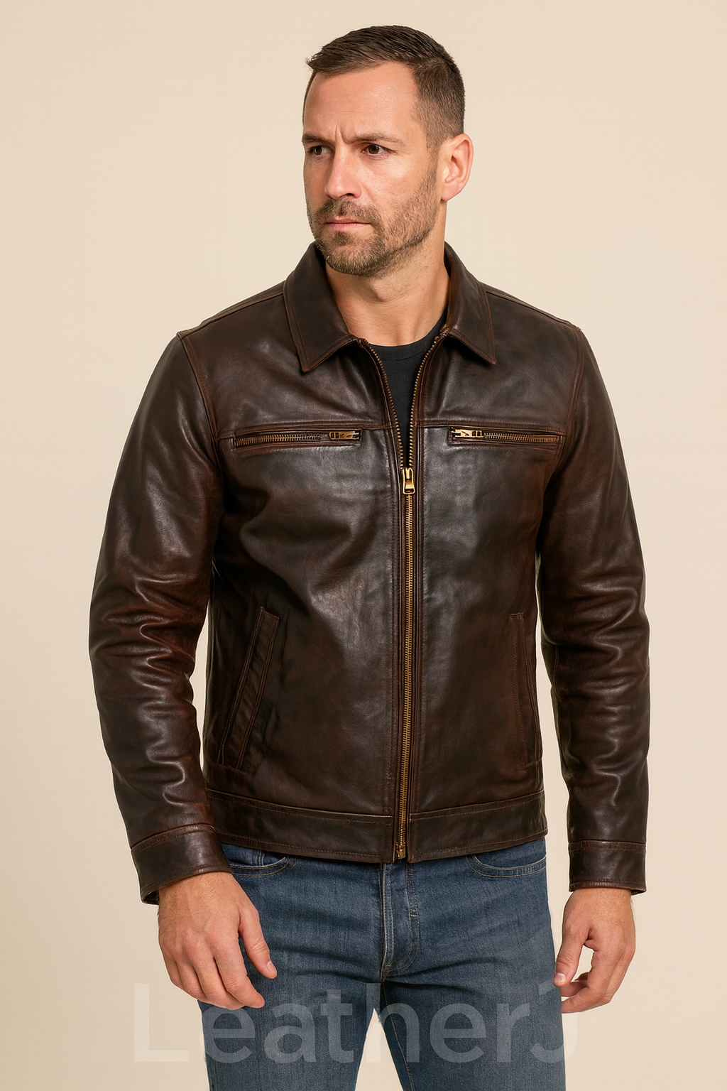 Men’s Dark Brown Leather Jacket – Classic Café Racer with Zipper Pockets