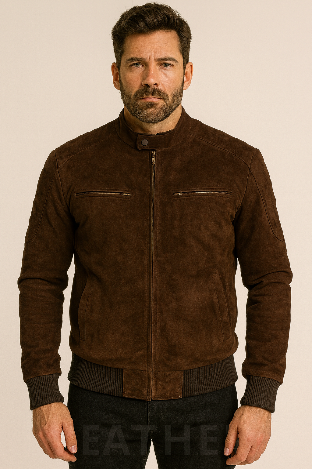 Men’s Dark Brown Suede Leather Bomber Jacket – Classic Zip-Up Style