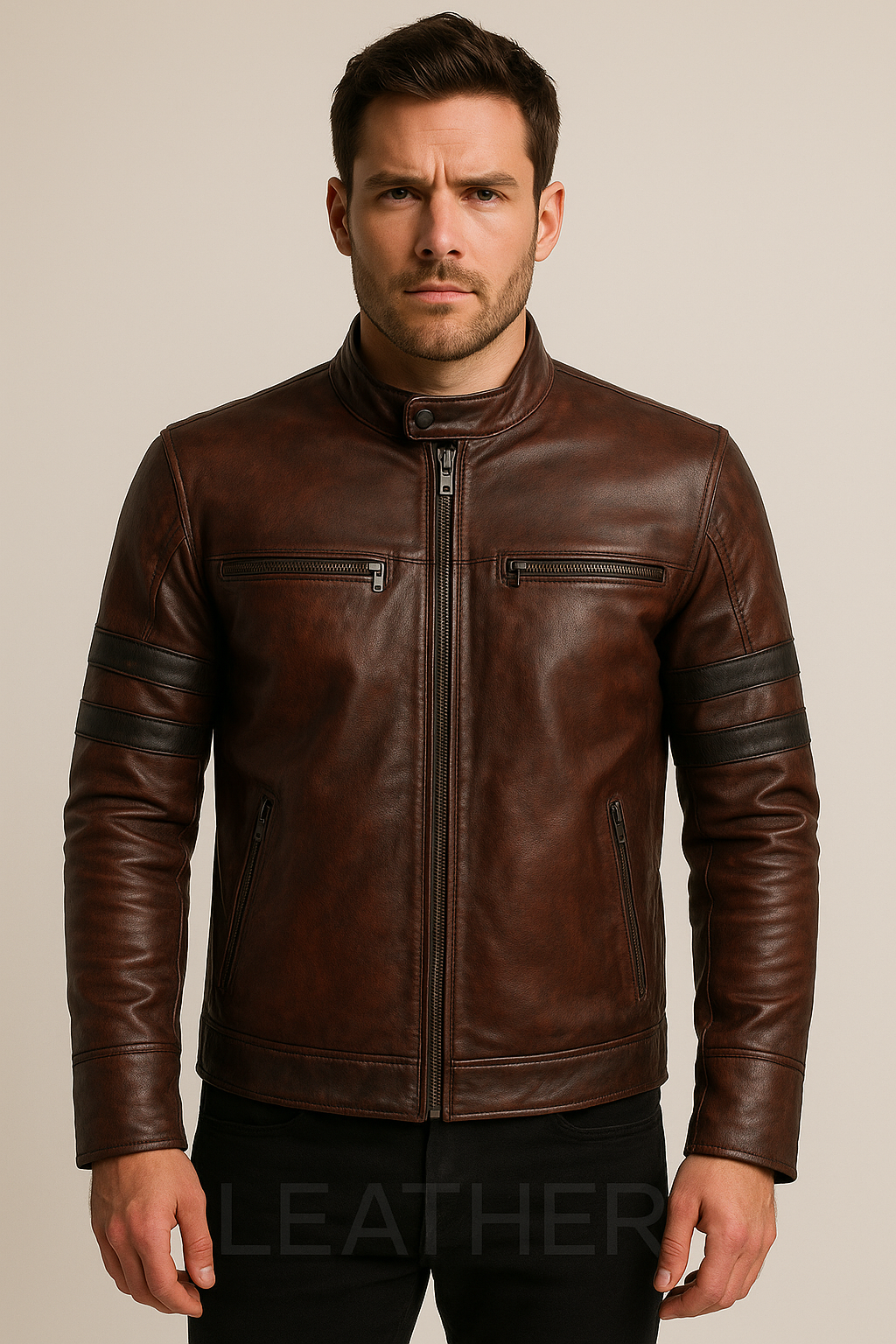 Men’s Dark Maroon and Black Leather Biker Jacket – Real Leather Slim Fit