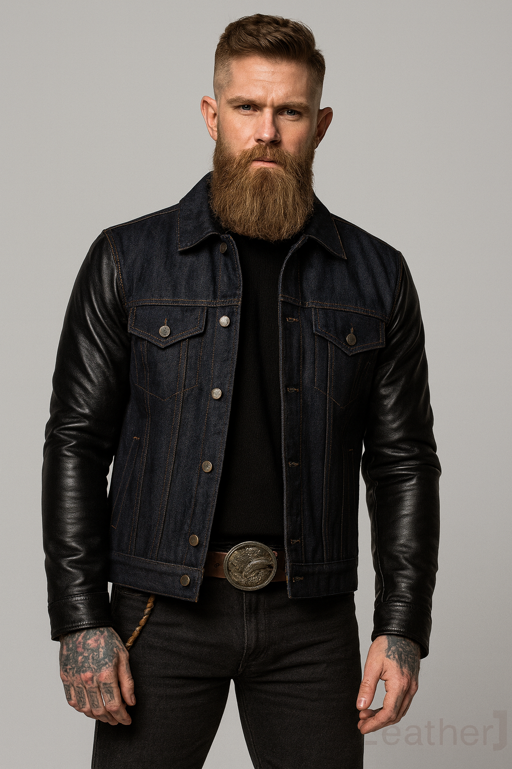 Men’s Denim and Leather Trucker Jacket – Black Leather Sleeves with Dark Blue Denim Body