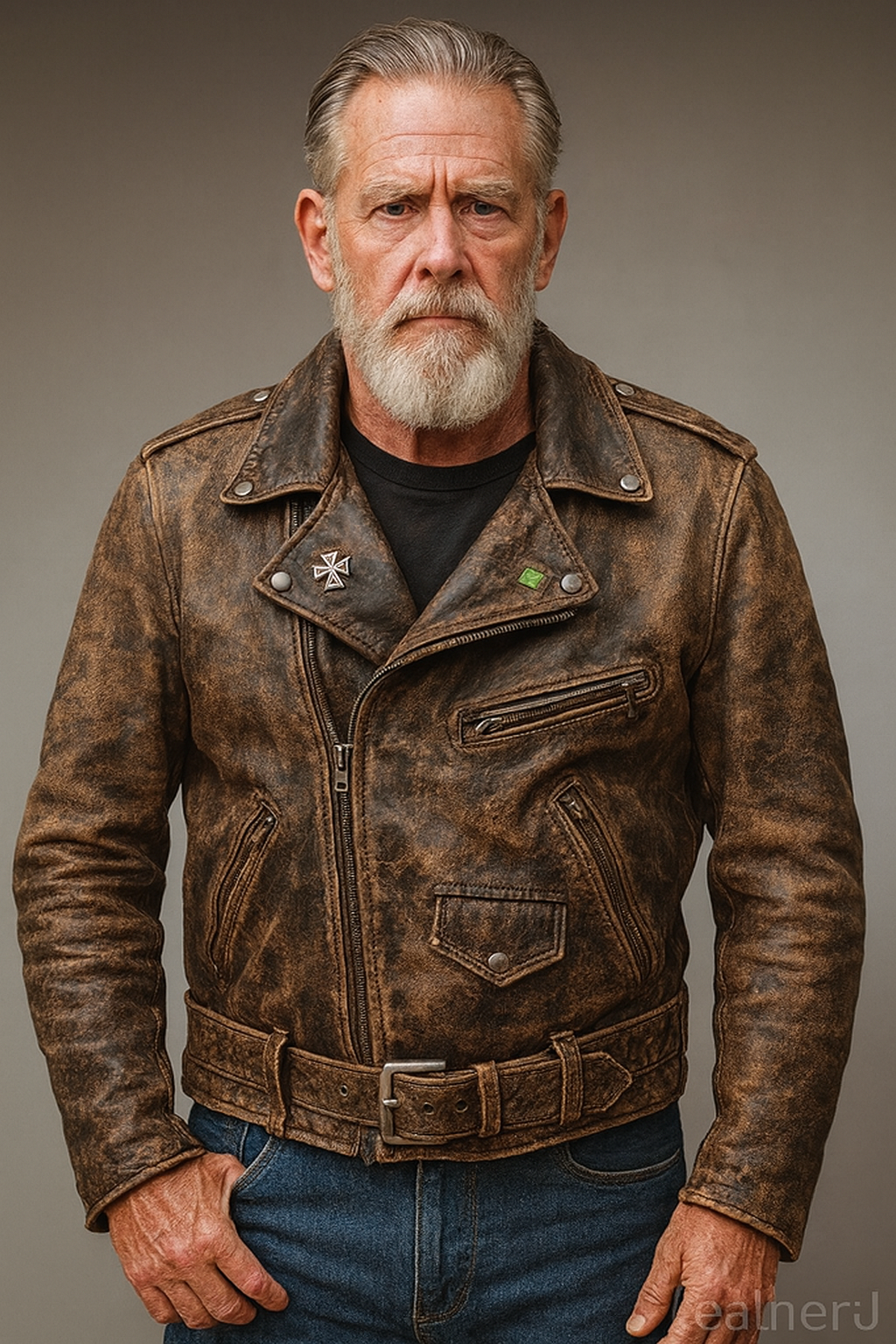 Men’s Distressed Brown Leather Biker Jacket with Belted Waist – Vintage Motorcycle Style