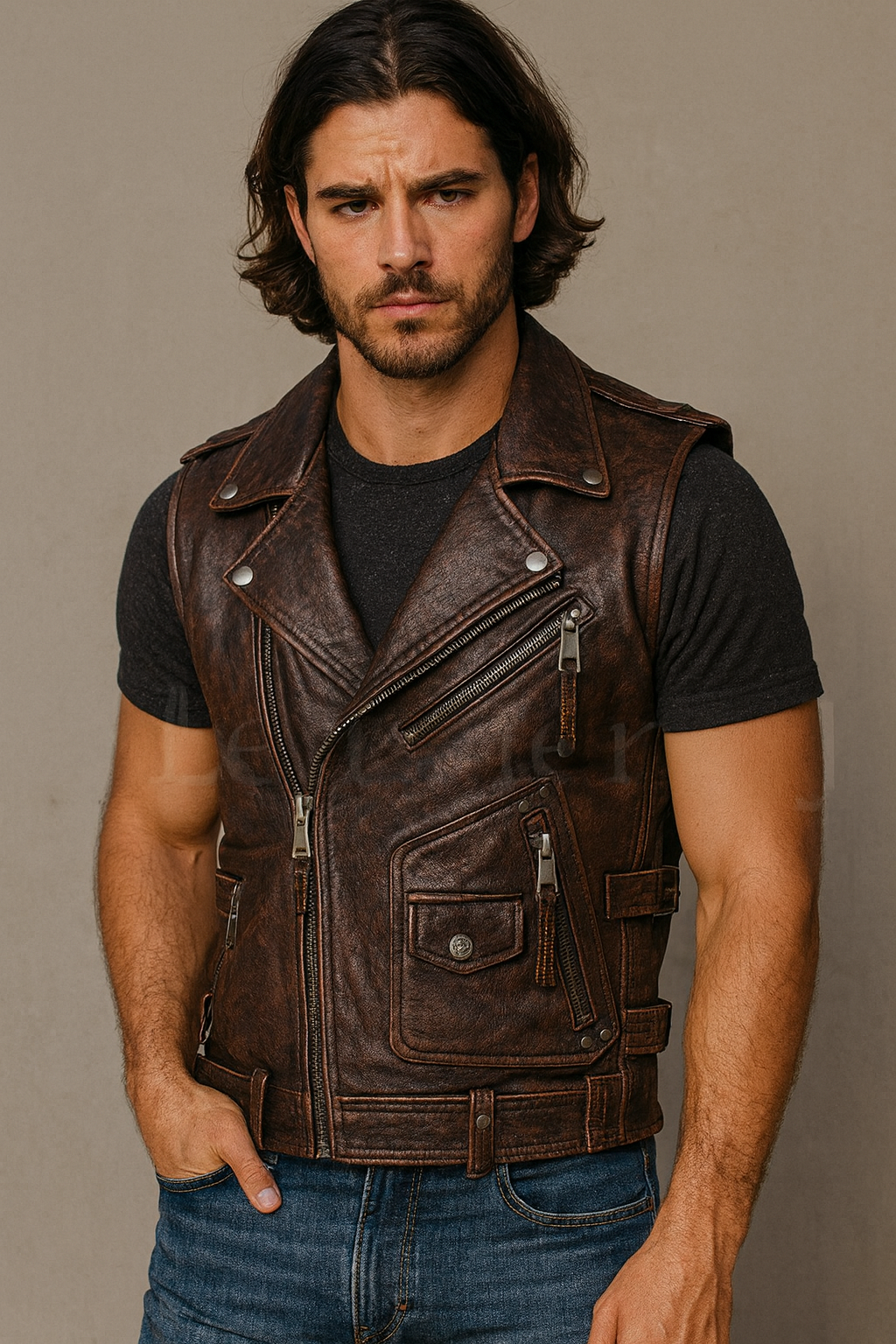 Men’s Distressed Brown Leather Biker Vest – Vintage Motorcycle Sleeveless Jacket