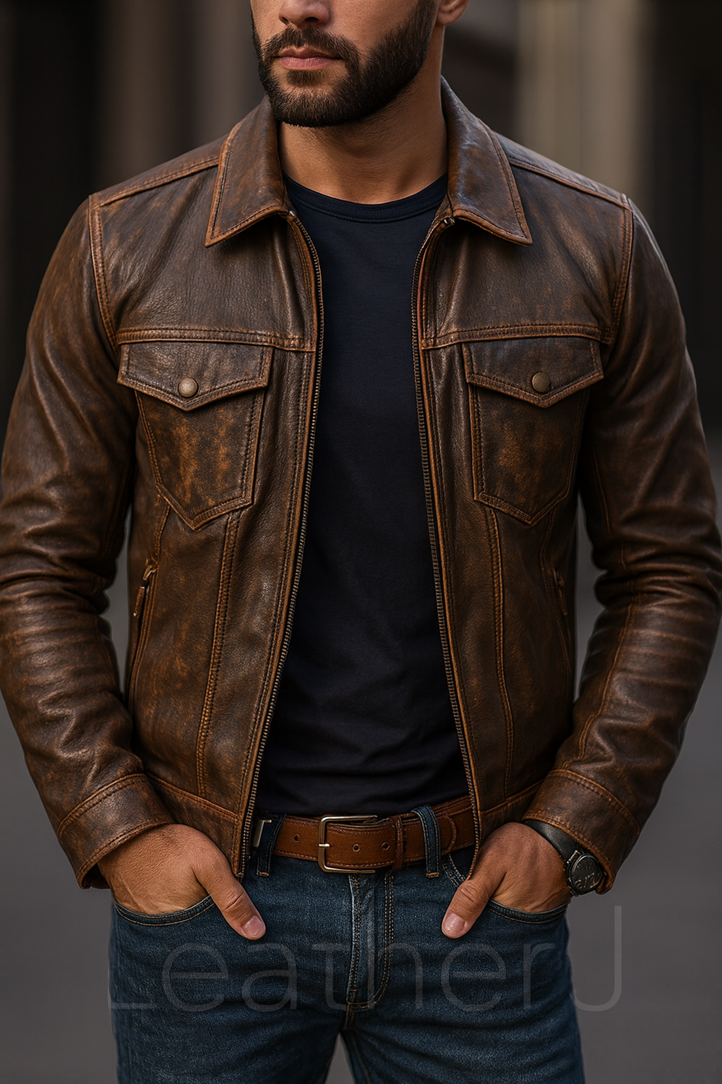 Men’s Distressed Brown Real Leather Jacket – Vintage Slim Fit Casual Outerwear