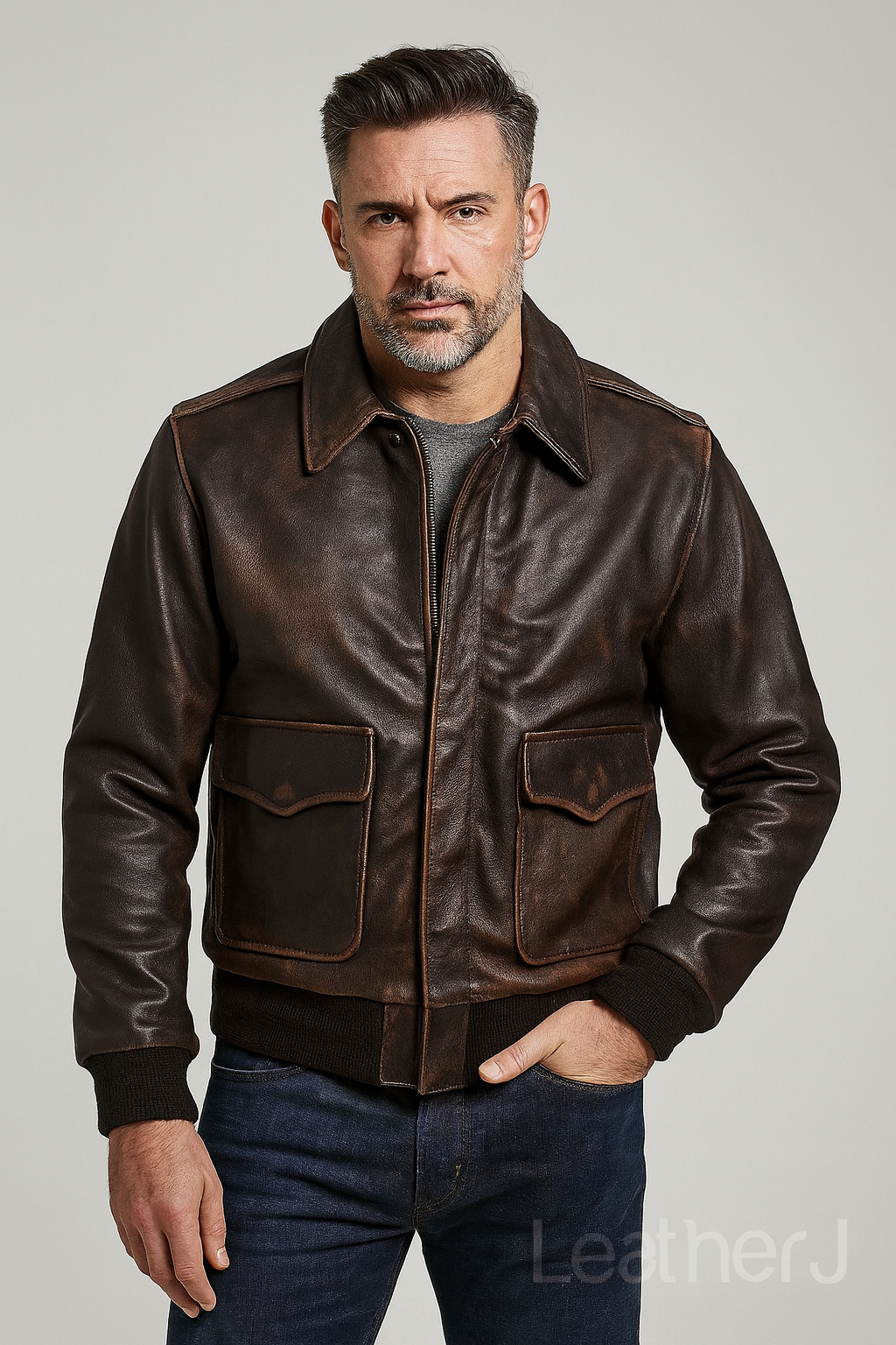 Men’s Distressed Dark Brown Leather Bomber Jacket – Vintage Real Cowhide Aviator Style