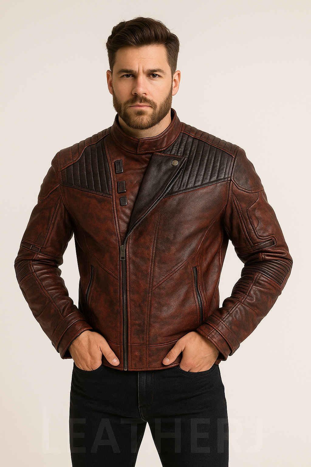 Men’s Distressed Maroon Leather Biker Jacket with Black Shoulder Panels – Premium Motorcycle Style