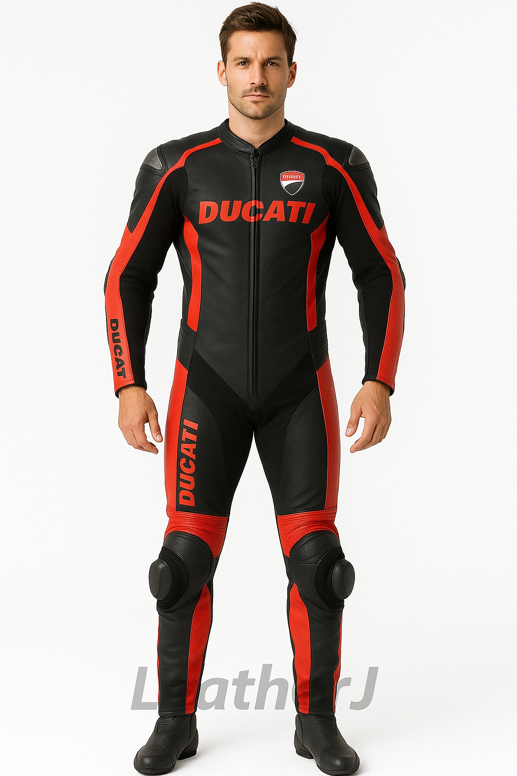 Men’s Ducati Black & Red Leather Racing Suit – Full Body Motorcycle Track Gear